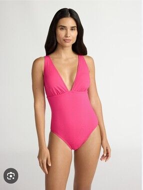 Time and Tru Hot Pink Deep V Ribbed One-Piece Swimsuit